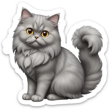cinematic-[grey persian cat]-realistic-full-body-sitting-emoji,-tail-curled-playfully-around-its-paws,-head-tilted-dramatically,-fluffy-[grey]-fur,-simplified-yet-realistic-focused-features,-highly-detailed,-glowing-with-an-almost-sarcastic-glow sticker