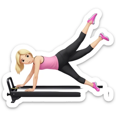 Woman on reformer doing a side plank with black leggings and pink singlet, blonde hair sticker