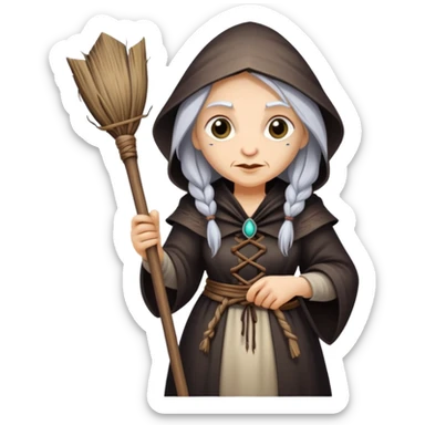 Baba Yaga sorceress woman holding a broom, old and wise sticker