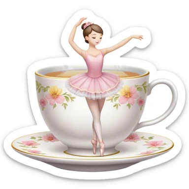 Porcelain tea cup with a floral pattern, steam rising, wearing a ballet tutu and in a graceful dance pose sticker