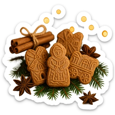 speculoos cookies arranged in a festive holiday setting, with cinnamon sticks and star anise, cozy atmosphere, white background sticker