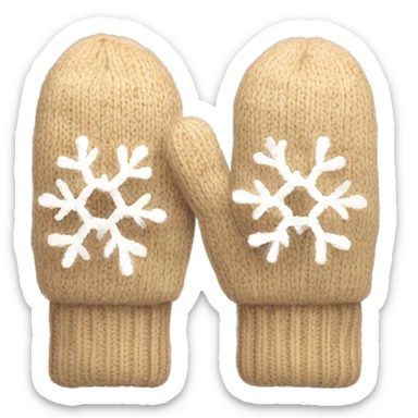 A pair of cozy knitted beige mittens with a snowflake design sticker