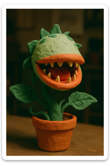 Audrey II, the carnivorous carnivorous plant from Little Shop of Horrors, 3D claymation style sticker