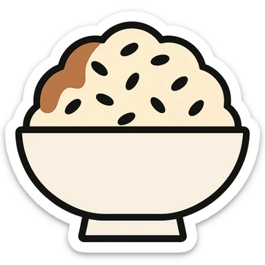 A bowl of rice topped with black sesame seeds and soy sauce, white bowl sticker
