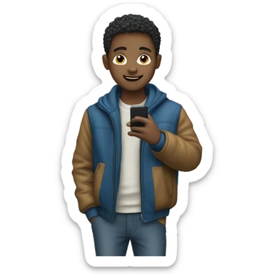 boy in blue jacket holding phone sticker