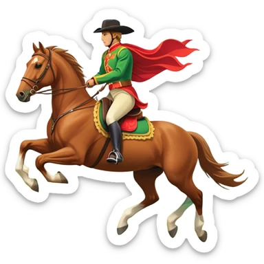 An icon showcasing a majestic horse and rider in full gallop across a lush green field. The background features a clear sky, distant mountains, and a vibrant landscape. The rider wears traditional gear, while the horse leaps with grace and power.  sticker