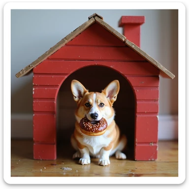 realistic red dog house with a Corgi dog inside, Corgi with a donut, photorealistic style sticker