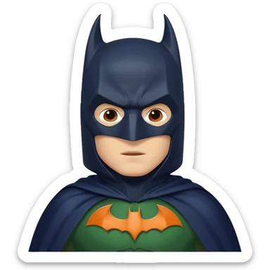 generate a batman emoji with just the face and neck showing and part of the cloak and and wings. Shade the bat logo on the chest in a medium green with a slight olive touch. Shade the mask in dark navy blue and the the cloak in a solid vibrant orange.

 sticker