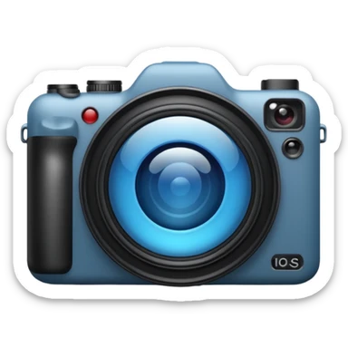 A minimalistic emoji of a camera in Apple iPhone emoji style. Flat design, smooth gradients, rounded edges, soft shadows, high resolution, clean and simple look. Neutral gray and black tones with a blue lens reflection. White background, no text sticker