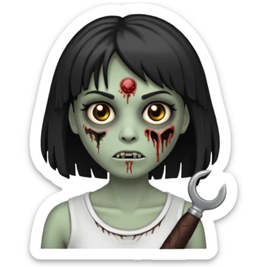 Faz uma zombie feminina com a pele clara igual de zombie, mas não tão clara, deixa ela com a clavícula marcada, cabelo comprido preto e com franja, sombracelha FINA e faz um risquinho na sombracelha do lado esquerdo. Não se esquece de colocar uns machucados no rosto dela sticker