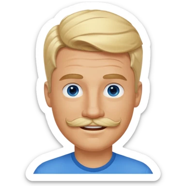 normal emoji 👨🏼 white guy with blond hair, mustache, and blue eyes. No shoulders or neck. Just head. Hair a little mussed and stylish. Smiling sticker