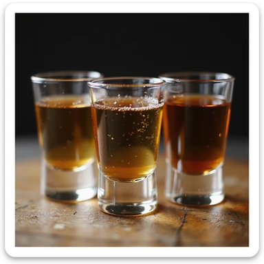 three shot glasses, realistic style, filled with different liquors sticker