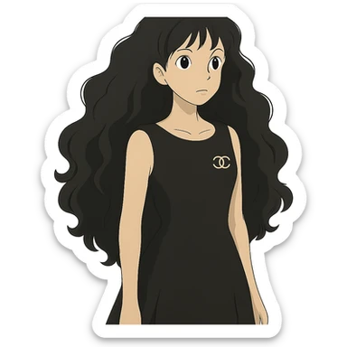 light skin girl with very long black curly hair, brown eyes, black Chanel dress sticker