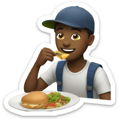 boy enjoying meal with hat sticker