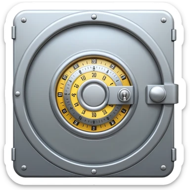 A secure vault door with a central combination dial sticker