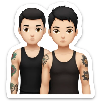 generate a fair boy with messy black hair, tattoos. standing beside a fair black haired girl wearing a black cami top and a boy with a buzz cut  sticker