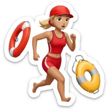 Female lifeguard – red cap, running along shore with rescue buoy sticker