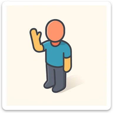 minimalist human silhouette without hair, standing with raised hand, symbol of support or greeting, 2D isometric style, very simple shape, clear shadows and highlights sticker