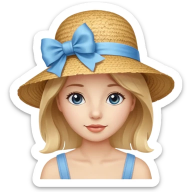 Beautiful woman wearing a straw hat with a light blue ribbon and bow sticker