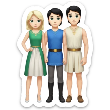 prince, standing upright, black Hair, blue eyes, garment,  woman, bending knee, white sleveless dress, blonde hair, green eyes, sticker