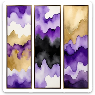 Black, white, gold, purple, abstract Watercolor paintings on three canvases next to each other  sticker