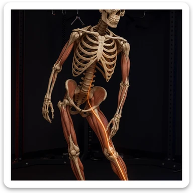 Hyperrealistic anatomical view of the same pose: tilted pelvis, valgus knee, pronated foot, with detailed visible bones and muscles, gym environment, 4K quality. Variant 8: highlight the kinetic chain from pelvis to foot. sticker