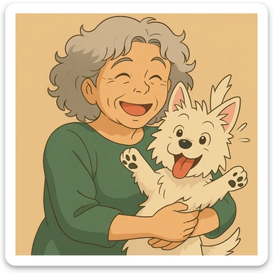 Make the Westie dog playful, with a joyful pose or playful look, keep the 50-year-old lady with silver curly hair smiling sticker