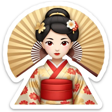 Create a unique emoji inspired by the Japanese Shinguhotzudai era — blending traditional Japanese elements (such as kimono, fans, geisha, samurai) with modern abstract motifs typical of Shinguhotzudai. The facial expression should be emotional yet subtle, with soft animation effects. Use a pastel color palette with highlights of red and gold. Style should be minimalist, elegant, and emphasize inner harmony and strength. sticker