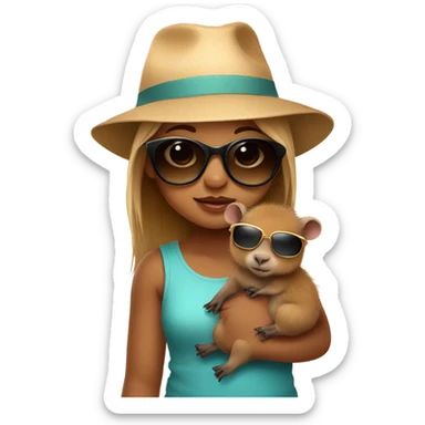 baby girl with hat and sunglasses holding capybara  sticker