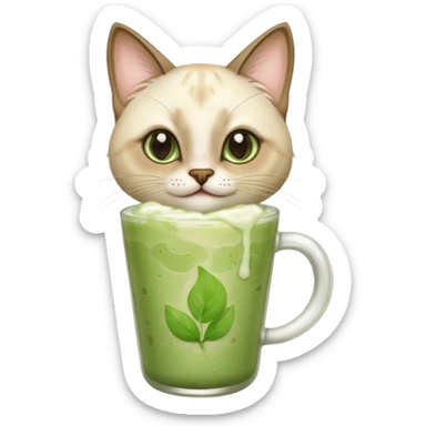 Happy Siamese Cat holding in its paws an iced matcha latte sticker