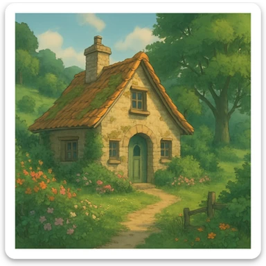 cozy cottage in a lush landscape with gentle lighting in ghibli style sticker