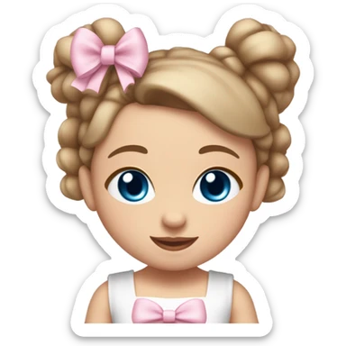 Little  babygirl with White skin, blue eyes. Light Brown hair in two ponytails, with light pink bows.  She is wearing a light pink and White dress, holding a teddybear with a pink bow. sticker