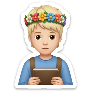 Teen boy drawing boy with flower character in notebook sticker