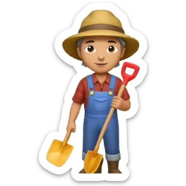 A 3D cartoon farmer standing in a green field with crops, wearing a hat and holding a shovel, bright sunlight, soft shadows, realistic Memoji-style rendering. sticker
