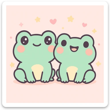 two cute frog friends sitting together, cartoon style sticker