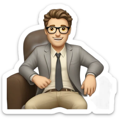 Joyful thrumb up Pale skinned Fit Man With dark brown hair in gray jacket, beige office shirt, Brown pants and vintage glasses sitting In a soft chair sticker