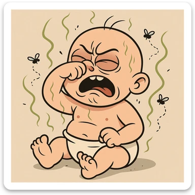 a stinky baby holding its nose, exaggerated expression, cartoon style, visible odor lines, flies buzzing around sticker
