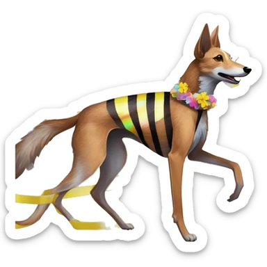  brindle brown black maroon striped lurcher Alsatian fox running blue eyes and iridescent holographic oilslick harness wearing paper iridescent tropical flower crown yellow caution tape sticker