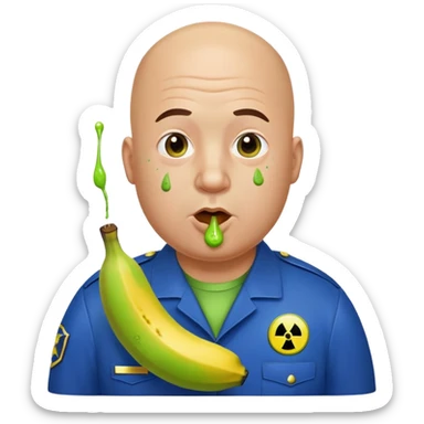 bald a bit fat man in a blue uniform eats a toxic green radioactive banana sticker