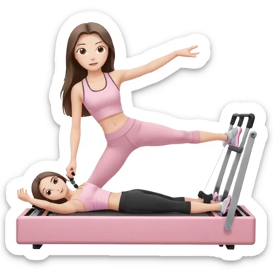 pretty white brunette teen long hair with hazel eyes and a small waist in light pink workout clothes on a pilates reformer sticker