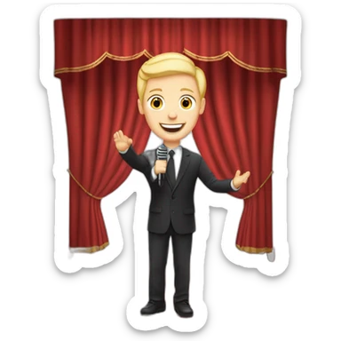 white light skin man person standing in a theater with red curtains standing on elevated stage holding a microphone smiling with light hair sticker