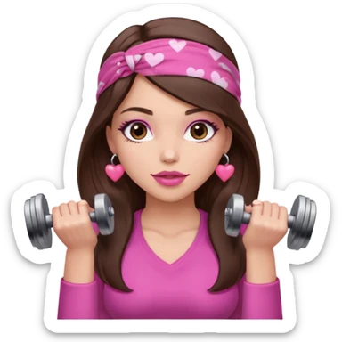 Pink and clothes emoji, inspired with brunette hair, brown eyes, long hair, heart shape lips and pink make up  and pink nails, mauve pink blush and a chocolate brown bandana lifting dumbbells sticker