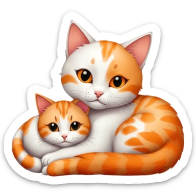 A white cat with black spots cuddling a tabby cat sticker