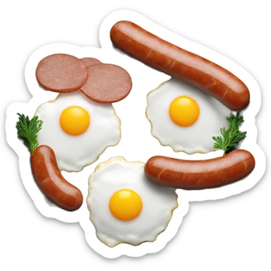 fried eggs with sausages and herbs on a black plate sticker