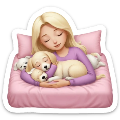 Blonde long hair lady sleeping in her light pink bed cuddling with her white puppy  sticker