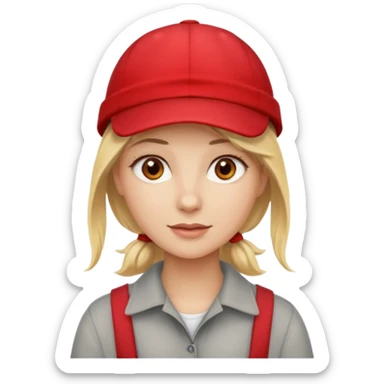 A blonde woman with light brown eyes with white skin and wearing a red cap sticker