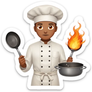 determined chef with fiery eyes, holding two crossed cooking pans defensively across chest sticker