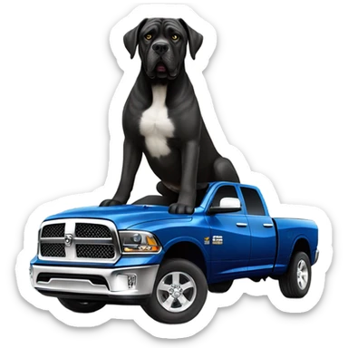 A Cane Corso driving a gold and blue Dodge Ram 1500. sticker