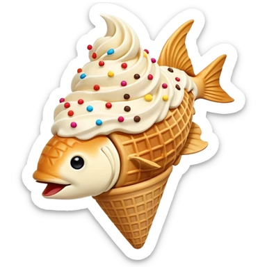 Taiyaki ice cream cone, fish-shaped waffle with soft serve sticker