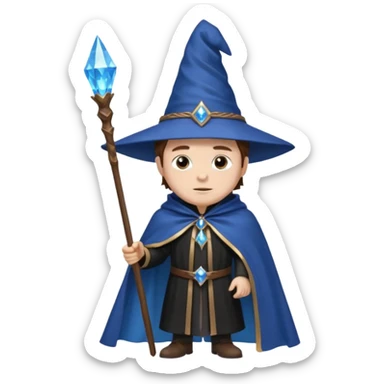 A white-skinned man with brown hair stands in sharp black clothing. He wears a pointed wizard hat and cape, holding a wooden staff crowned with a glowing blue crystal. His calm expression and steady posture suggest quiet mastery and a blend of magic, mystery, and modern elegance. sticker